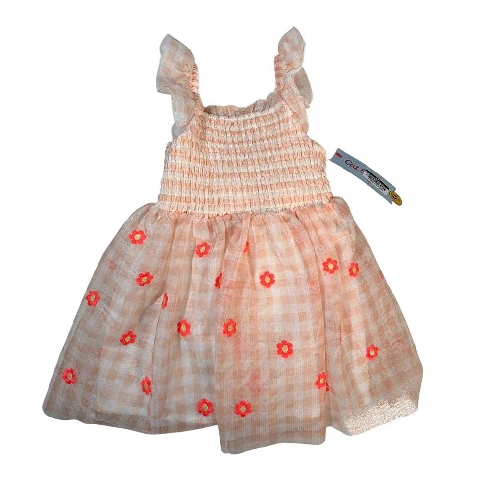 Cat & Jack Tulle Gingham Dress Kids 18M Peach NEW Floral Smocked Ruffle